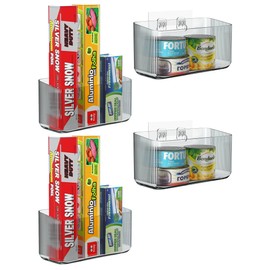 FavoThings 4 Pack Cabinet Door Organizers - Plastic Wrap Holders for Kitchen, No Drilling Wall Mount, Clear Grey
