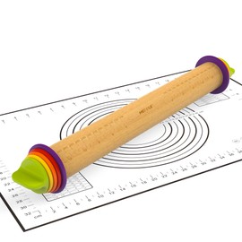 Mepple Rolling Pin with Thickness Rings and Pastry Baking Mat, 13.6" Adjustable Wood Rolling Pin Dough Roller for Baking Cookie Pizza, Comes with Large Silicone Pastry Mat, Kitchen Baking Tools