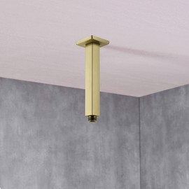 Brushed Gold Shower Arm with Flange 6 Inch Straight Stainless Steel Top Rainfall Shower Head Extension Pipe Square Shaped