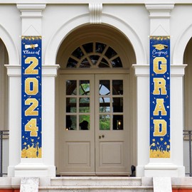 Decoración de fiesta de graduación 2024 – Bandera colgante para fiesta de graduación de clase de oro azul de 2024, bandera dorada para decoración de aula escolar