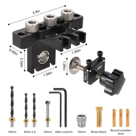 3 in 1 Dowel Jig Drill Kit Multi-Function Self Centering Doweling Jig Kit Adjustable Woodworking Drilling Locator Puncher Set Aluminum Alloy with 8/10/15mm Bits for Woodworking Furniture