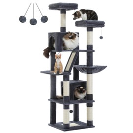 Cat Tree 80 Inches Large Cat Tower with Hammock, Sisal Scratching Ramp and Posts for Indoor Cats, Multi-Level Cat Activity Center with 2 Perches, 2 Condos and 2 Pompoms, Dark Grey