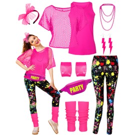 CICOCI 80s 90s Outfit For Women Neno Party Fishnet Top1980s Costume with 80s Accessories Set Retro Party Leg Warmers Headband Pink