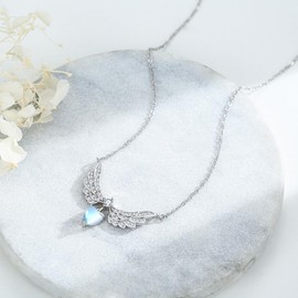 Kootwo Angel Wing Necklace 925 Sterling Silver CZ Angel Wing Heart-shape Moonstone Jewelry Necklace Gift for Women