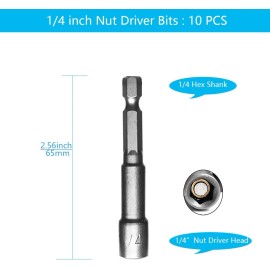 NoBrand 1/4'' Nut Driver Bit Sets 10PCS, 1/4 inch Nut Driver Hex Shank Quick Change S