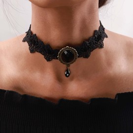 Atentuyi Black Lace Choker Gold Black Velvet Necklace Black Crystal Pendant Necklace Black Gemstone Necklace Vintage Black Onyx Necklace Gothic Collar Necklace Jewelry for Women and Girls