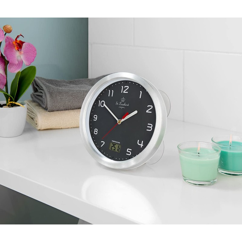 St. Leonhard Bathroom Clock: Bathroom Wall Clock with LCD Thermometer,