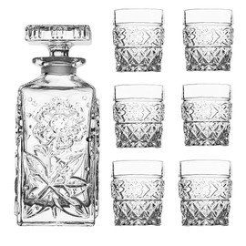 Amlong Crystal Flower Design Crystal Decanter and Glass Set, 7 Pieces