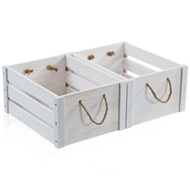 ROSOS Wooden Crates, Farmhouse Wooden Crates for Storage with Rope Handles, Solid Wood Crates for Display, Durable Wooden Crate Box, Handmade Large Wooden Crates for Decor, White Crate, 2 Pack