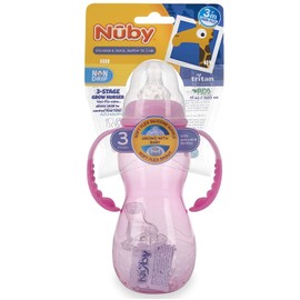 Nuby New 3 Stage Ultra Durable Tritan Grow with Me No-Spill Bottle to Cup, 10oz, 2 Count, Pink/Teal