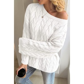 Cicy Bell Womens Oversized Cable Knit Sweaters Long Sleeve Crewneck Chunky Loose Fit Pullover Tops White