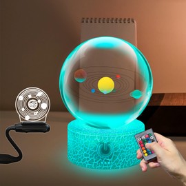 3D Crystal Ball with Solar Model Multicolor Night Light Clear 80mm Glass Ball with LED Lamp Base for Teacher of Physics Classmates Remote Control Dimming Table Lamp Decor Gifts