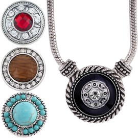 Snap Jewelry Set - 4 Snap Charms, 1 Silver 20 inch Adjustable Necklace Bundle, Fits 18MM 20MM Ginger Charm Buttons