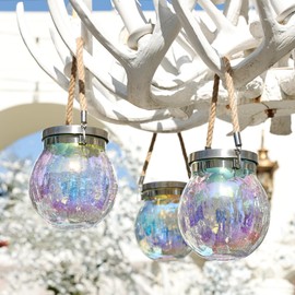 Cooo Cooo Iridescent Crackle Glass Solar Lantern Outdoor – Rainbow Electroplated Hanging Light with Cool White LED, Waterproof Decorative Solar Lamp for Patio, Garden, Tabletop 2 Pack