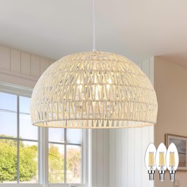 AyshwillDec 17.6 inch Cream Woven Pendant Light Wicker Pendant Lights 3-light Rattan Light Fixture Boho Chandelier Farmhouse Chandelier Dome Pendant Light for Dining Room Living Room Bedroom(Bulb Incl