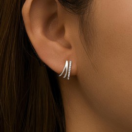 SAINT RAPHAËL Silver Triple Hoop Huggie Earrings for Women, 925 Sterling Silver Hypoallergenic Crystal Small Hoop Earrings (Silver)