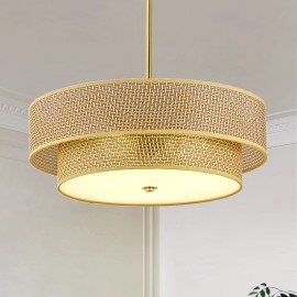 17.7 Inch Woven Rattan Linen Semi Flush Mount Ceiling Light Fixture, Modern Boho Drum Lamp, Farmhouse Gold Wicker ChandelierLamp Power(W): 100, Product Size: 45x45x15cm