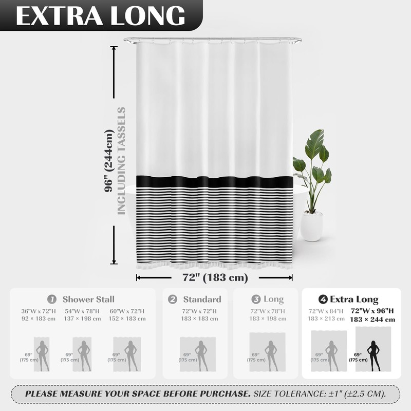 Seasonwood 96 inch Extra Long Shower Curtain Black and White