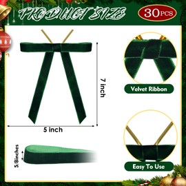 30 Pcs Christmas Velvet Wreath Bow, 5 x 7 Inch Vintage Velvet Ribbon Bows Rustic Crafts Gift Bows for Indoor Outdoor Wreaths Garland Holiday Xmas Tree Wrapping Crafts (Dark Green, Width of 5/8")