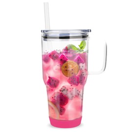 Zukro 32 oz Drinking Glass Tumbler with Handle, Iced Coffee Cup with Straw and Lid, Reusable Glass Bubble Tea Water Cup With Silicone Bumper, Fits In Cup Holder, Dishwasher Safe, BPA Free, Watermelon