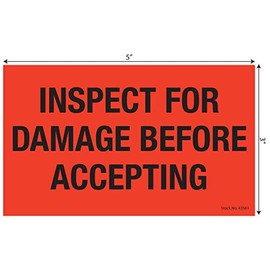 Tabbies Shipping & Handling Labels Fluorescent Red, "3"W x 5"H "INSPECT for Damage Before Accepting" 500 Labels/Roll, 12 Rolls Per Box (43561)
