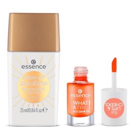 essence - Pack 2 en 1: Gotas Bronceadoras DROP OF Sunshine 25 ml + Tinte para Labios y Mejillas WHAT A TINT! 4.9 ml, Maquillaje Natural, Hidratación y Larga Duración (Peachy Vibes)