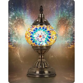 Yarra-Decor Turkish Moroccan Lamp with Bronze Base Handmade Tiffany Mosaic Glass Lamps Portable Bedside Lamps with Rechargeable Battery 2000mAh (LED Bulb Included)(Blue1) Lighting Interior:_Blue2