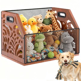 AHUONEL Dog Toy Basket, Chew-Proof Dog Toy Box, Wooden & Metal Pet Toy Storage Organizer, Spacious Toy Storage Bin for Pet Toys, Treats & Home Supplies, Toy Box for Living Room