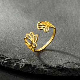 Dreamtimes Lotus Flower Rings for Women Dragonfly Ring Inspiration Lotus Flower Rings Open Adjustable Finger Ring Vintage Jewellery Buddha Yoga Ring Wedding Ring Christmas Gifts, Stainless Steel, No