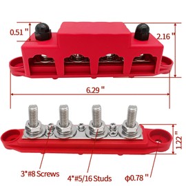 GOGONFLY Power Distribution Block Bus Bar 5/16" Terminal Stud 4 Post with Cover and Ring Terminals for Marine Automotive and Solar Wiring RV Boat