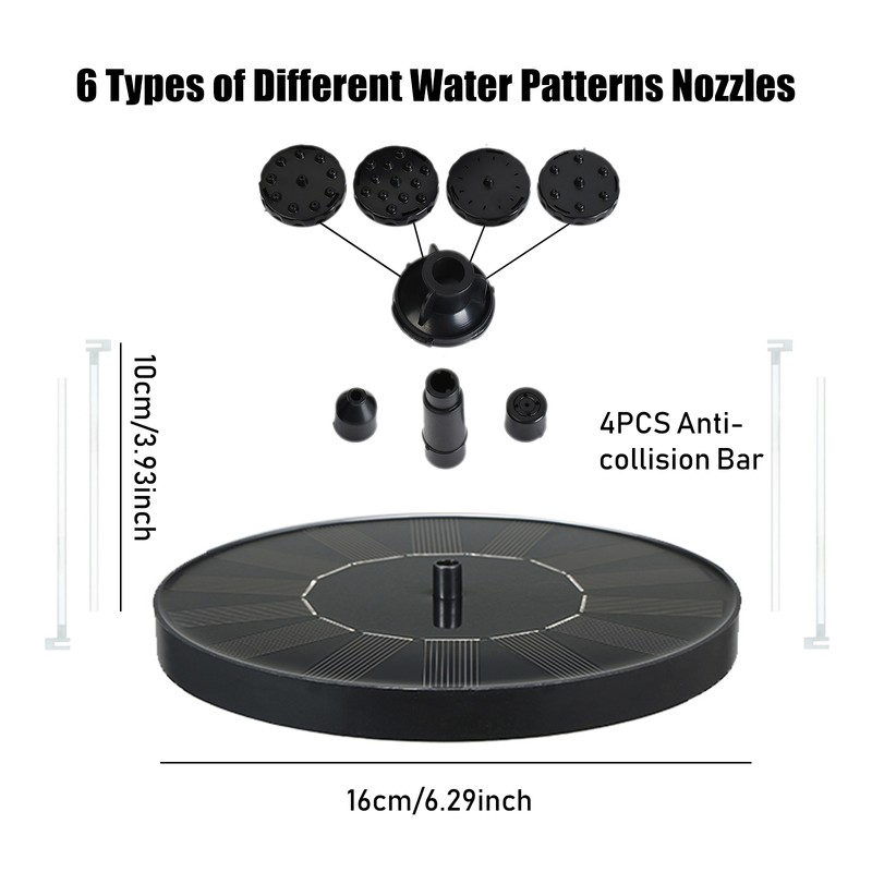 1.5W Solar Fountain Pump with 6 Nozzles Filter Anti-collision Bar
