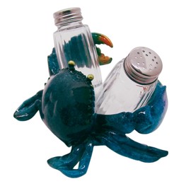 Blue Crab Salt and Pepper Set Holder, Nautical Décor, Shakers Included, 6.5 Inches