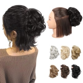 REECHO Ponytail Extension, 7" Half Up Short Mini Claw Clip in Ponytail Hair Extensions Curly Wavy Ponytail Messy Hair Bun Hair Pieces for Women with Short Thin Hair - Black Brown