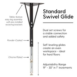 Factory Direct Partners REPLACEMENT Standard Swivel Glide Table Legs for FDP Activity Tables, Adjustable Height 19-30 inches, Includes Legs and Hardware ONLY (4-Pack) - Black, 11024-BK