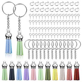 Swpeet 200Pcs Silver Keychain Tassles Kit, Bulk Keychain Rings Set, Key Chain Rings Bulk, Include 50Pcs Keychain Rings, 50Pcs Keychain Tassles, 50Pcs Jump Rings and 50Pcs Screw Eye Pins