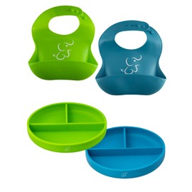 PAPU BABY Set Mis Primeros Platos - 2 Plato de Divisiones Circulares y 2 Baberos de silicón. Base de succión. Libres de BPA (Azul Indigo/Verde)