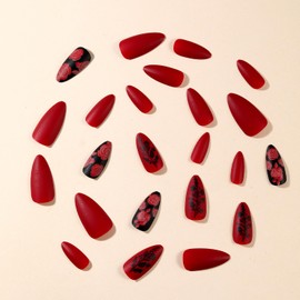24Pcs Wine Red Press on Nails Almond-Shaped Fake Nails with Rose Flower Design,Valentine’s Day False Nails Gel Glue on Nails,Medium Acrylic Nails Kit Cute False Nails Stick on Nails for Women Girls