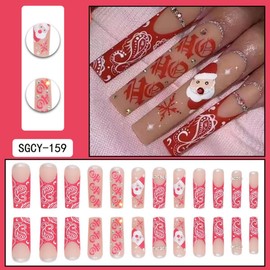 Christmas Press on Nails Long Square Fake Nails with Red Letter Design Santa Claus Glue on Nails Rhinestone Stick on Nails Glossy Reusable Winter Xmas French False Nails for Women Girls Manicure 24pcs