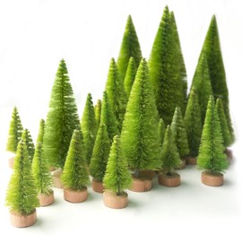 LOVEINUSA 40PCS Mini Christmas Trees, 5 Sizes Artificial Sisal Trees Bottle Brush Xmas Trees with Wooden Base for Xmas Winter Home Table Decoration