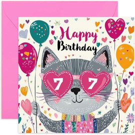 7th Birthday Card for Girl - Fun Cat Sunglasses Card for 7 Year Old Girl - Cute and Sweet Kitten Age 7 Birthday Cards - Granddaughter Niece Daughter