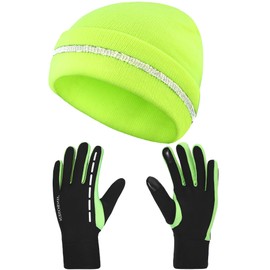 High Elasticity Reflective Knit Cap and Reflective Touch Screen Gloves, Cold-Proof and Warm Hat and Gloves Kit for Running Cycling Hiking Walking for Men Women (Bright Yellow)