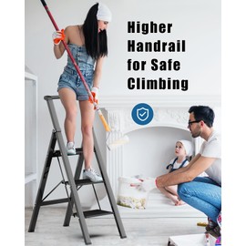 SOLADDER 3 Step Ladder, Slim Folding Steps Stool with Handrail, Iron Foldable Black Ladder with Anti-Slip Wide Pedal, for Home, Kitchen, Office, Garage Use (300 lbs Capacity)