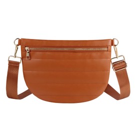 Quilted Puffer Leather Belt Bag for Women Puffer Crossbody Bags Puffy Sling Belt Bag Fanny Pack Bum Waist Chest Shoulder Bag for Women-Brown