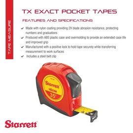 Starrett Exact Retractable Imperial Pocket Tape Measure with Nylon Coating, Self Adjusting End Hook, and Steel Belt Clip - 1" Width, 35' Length - KTX1-35-N