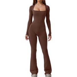 QINSEN Women Square Neck Long Sleeve Jumpsuit Casual Wide Leg Long Pants Romper Coffee Brown M
