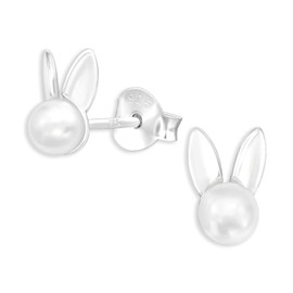 Monkimau Rabbit Stud Earrings 925 Sterling Silver with Synthetic Pearl, Sterling Silver