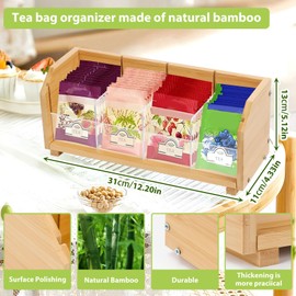 Qivine Wooden Tea Box, Bamboo Tea Caddy for Tea Bags with 4 Compartments, Tea Caddy Holds Up to 60 Tea Bags, Tea Box Organiser Suitable for Individually Wrapped Tea Bag and Sugar Sachet