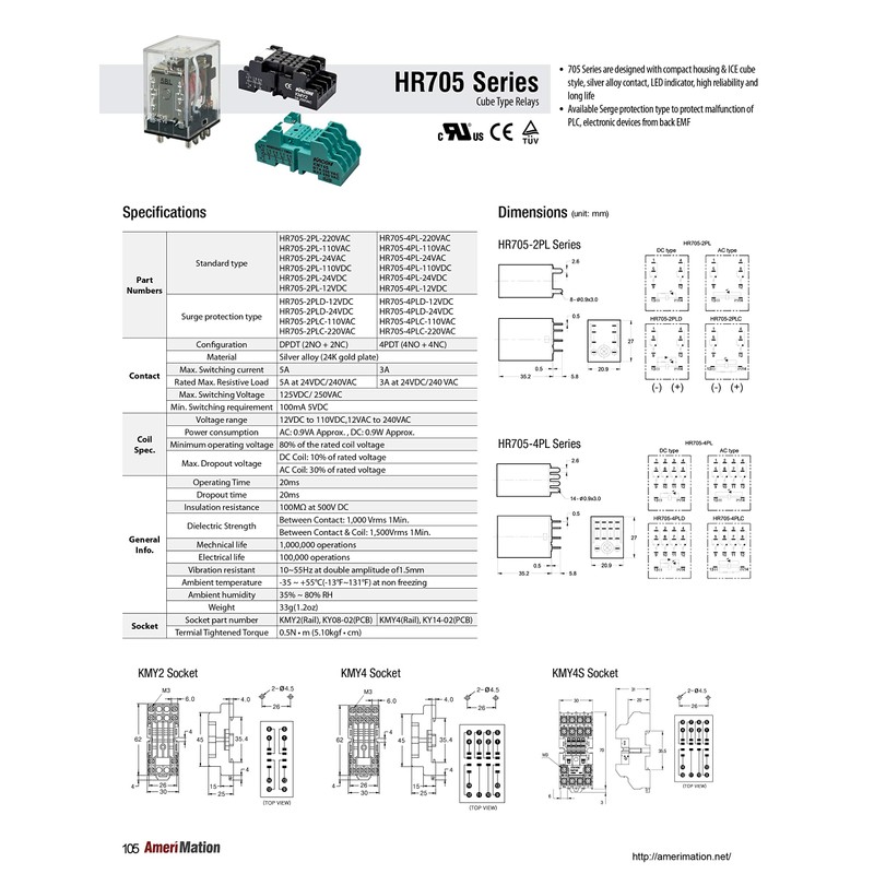 HR705-4PL-24VDC, Electro Mechanical Relay, Cube Type, 5A 4PDT, 24VDC Coil