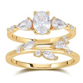 Dainty Ring Stack | Set of 2 | Three Stone CZ Engagement Ring | Women's 14K Gold Leaf Vine Wedding Band | Cubic Zirconia Bridal Wedding Ring Set Minimalist Anniversary Jewelry Gift for Her (Size 6)