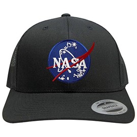 Flexfit NASA Insignia Logo Embroidered Patch Snapback Trucker Mesh Cap, Black, One size